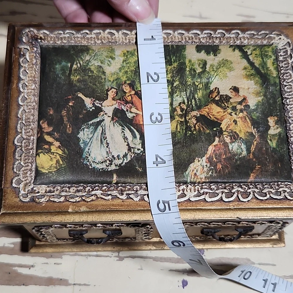 VINTAGE Wood Wind Up Music Jewelry Box Silky Print Antoine Watteau Foote…